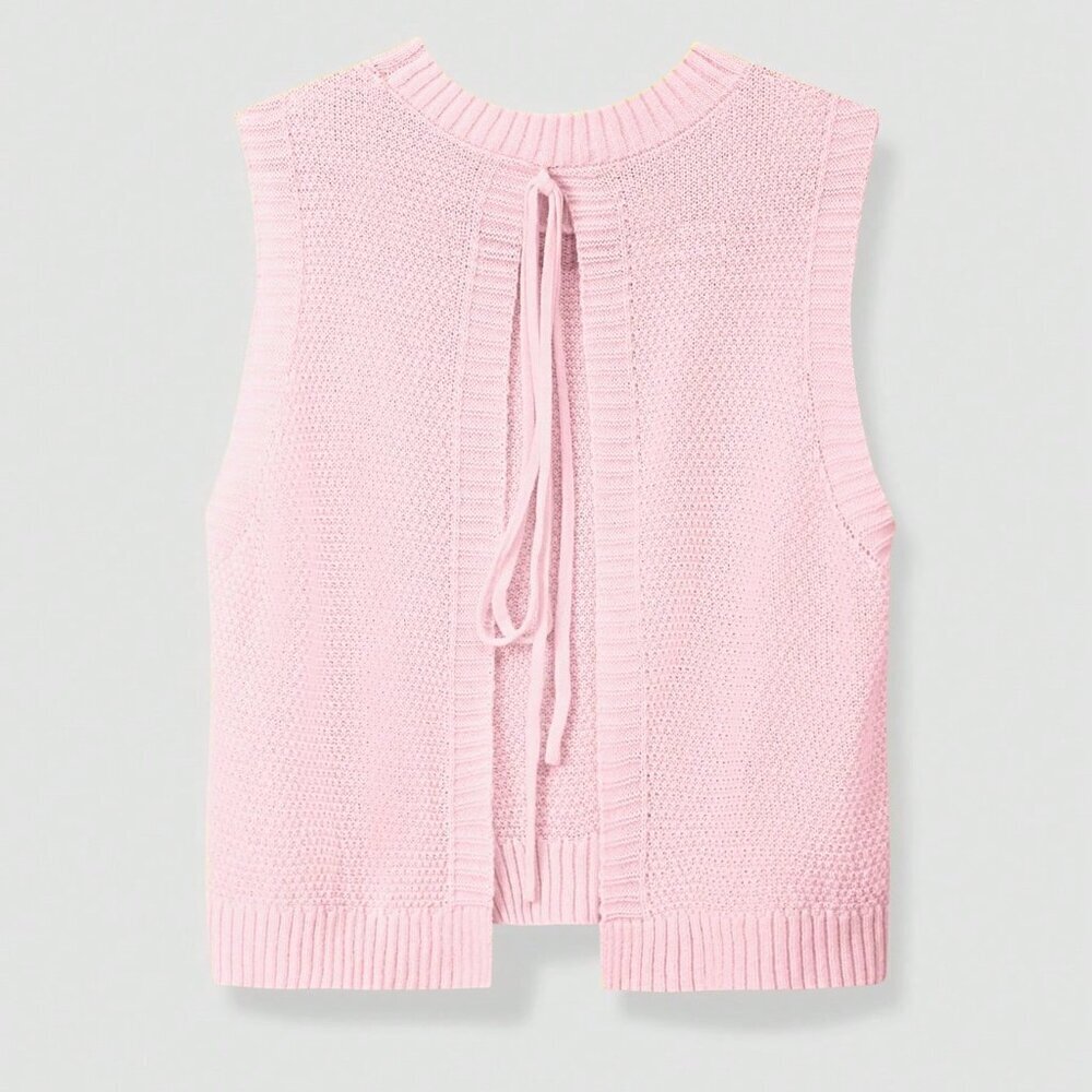 Baby Pink Casual Women's Round Neck Bow Tie Knitted Top